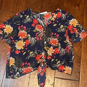 Pink Rose Floral Tie Front Blouse • Short Sleeve • Size S